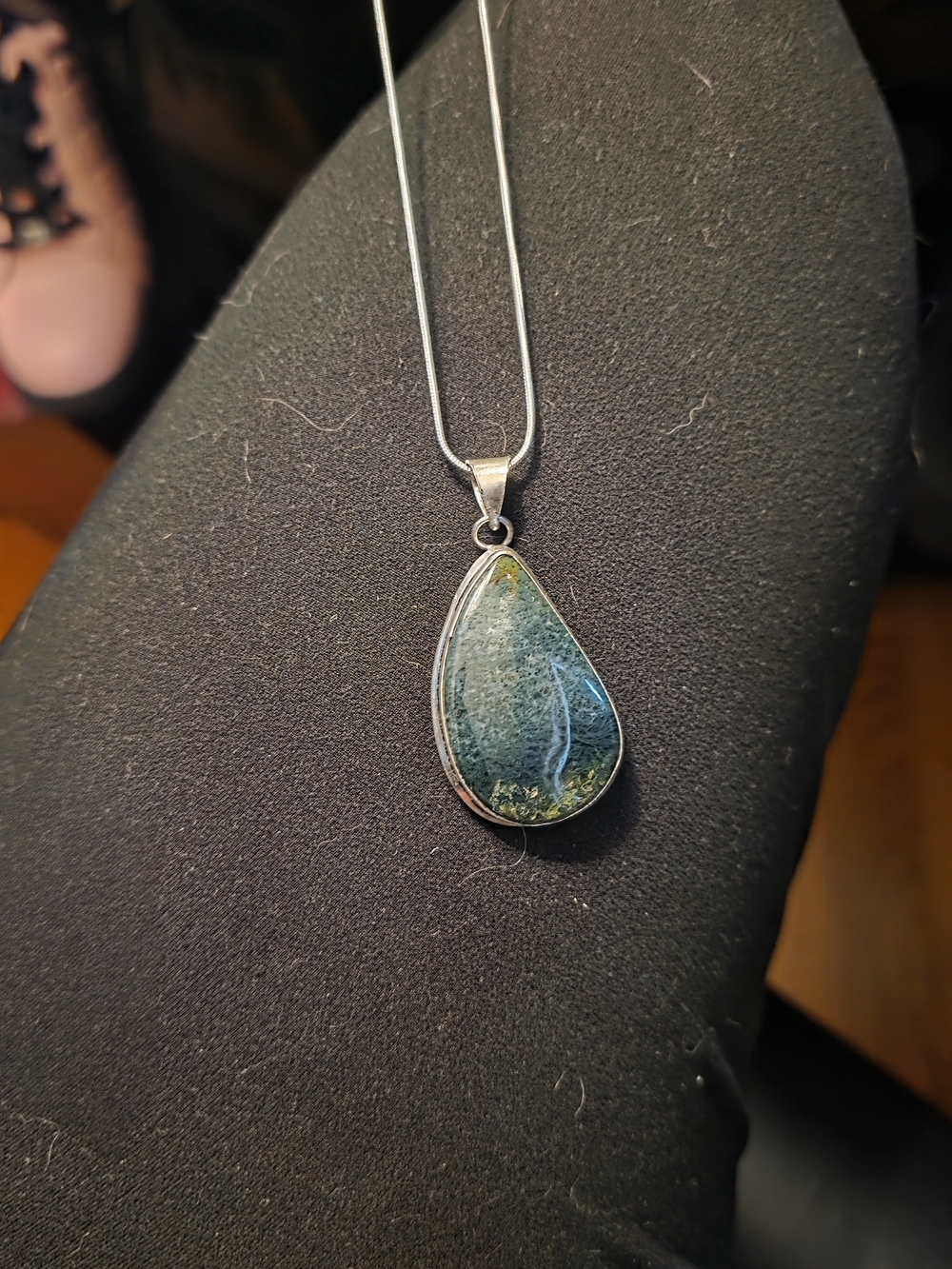Teardrop Moss Agate Stone On Silver 925 18in